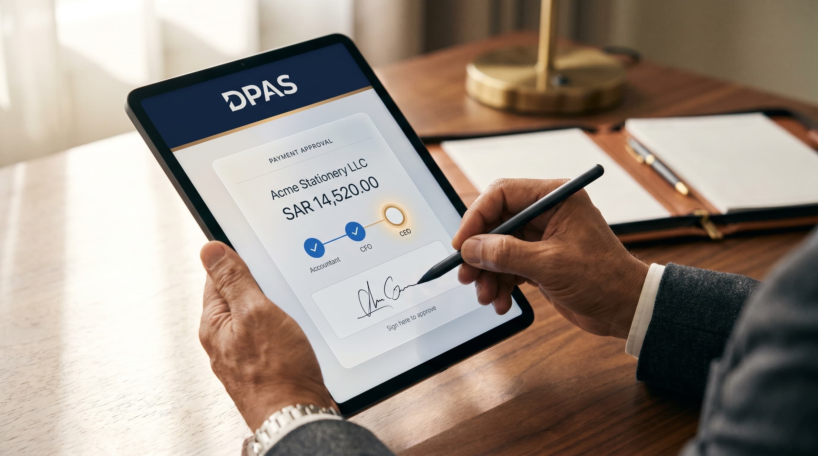 A senior executive's hand using a digital stylus to sign a DPAS payment approval on a tablet, soft window light, modern office.