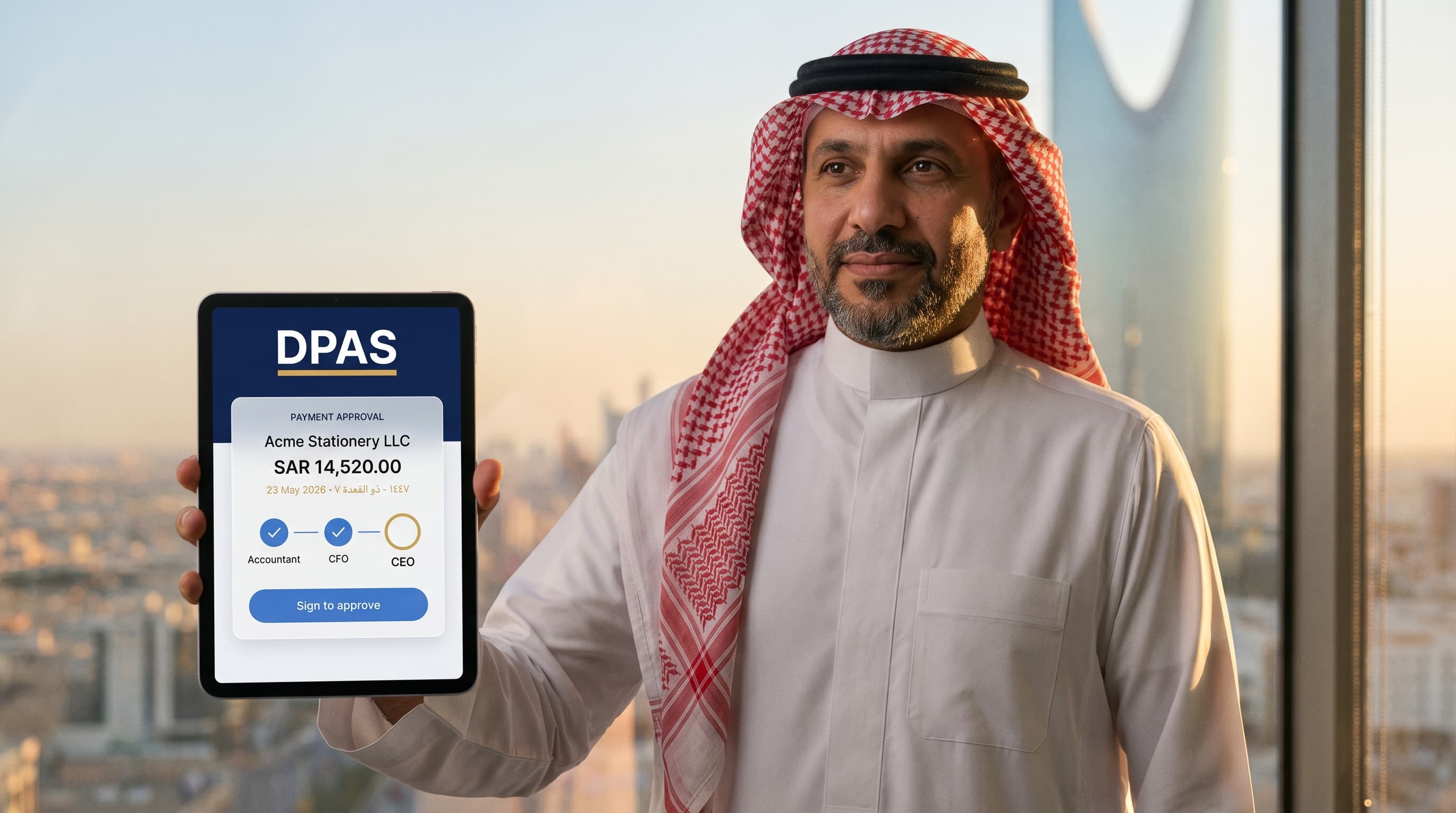 A Saudi finance executive in white thobe and red shemagh stands in a modern Riyadh office holding a tablet that shows the DPAS three-stage approval workflow, warm late-afternoon light, city skyline behind.