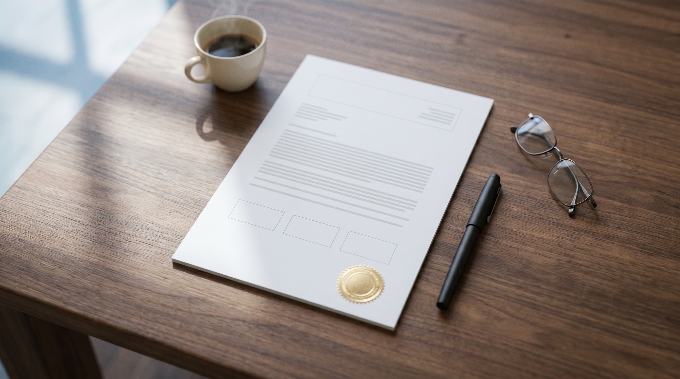 A signed payment-approval document resting on a walnut desk, with a digital signature panel and a gold seal at the bottom, in soft natural light.