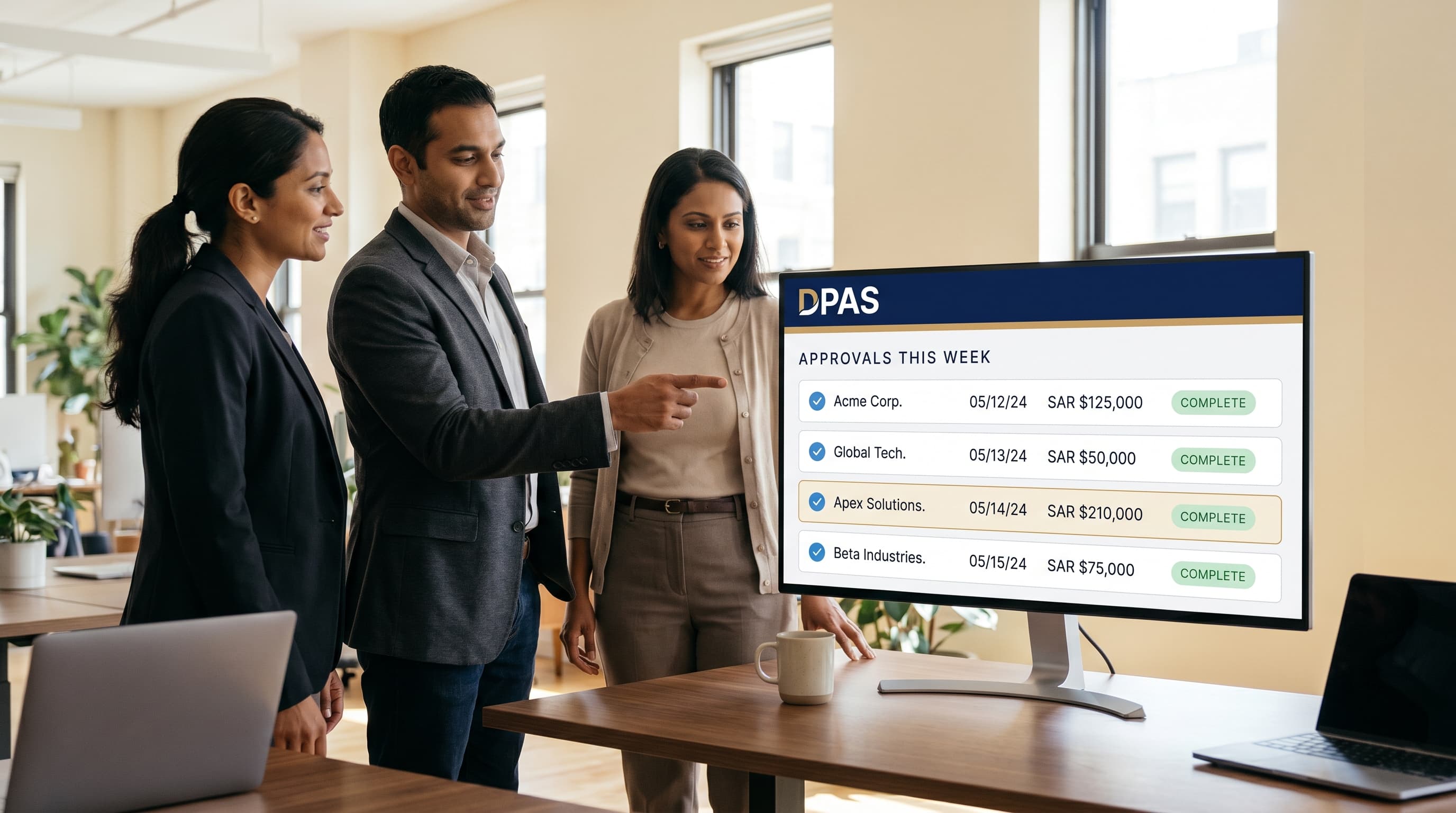 A small finance team standing calmly around a large monitor that shows the DPAS approval dashboard, modern open-plan office, warm midday light, no paper on the desk.