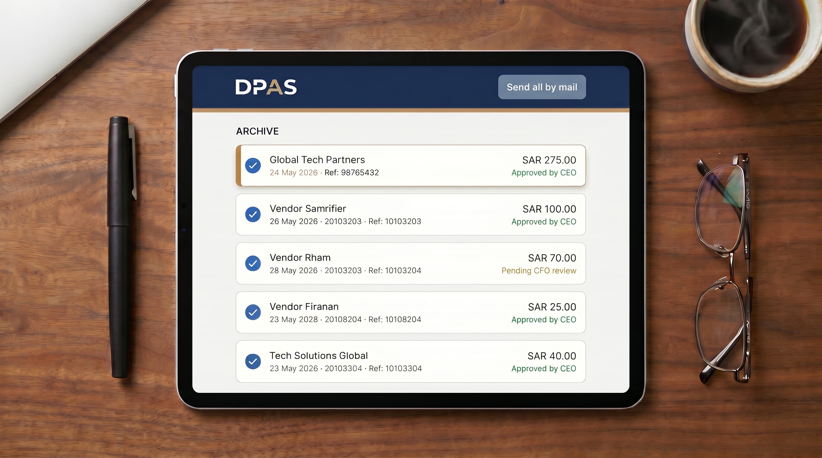 A tablet on a clean walnut desk showing the DPAS document archive: a vertical list of past payment approvals with checkmarks, dates, and SAR amounts, soft natural light.