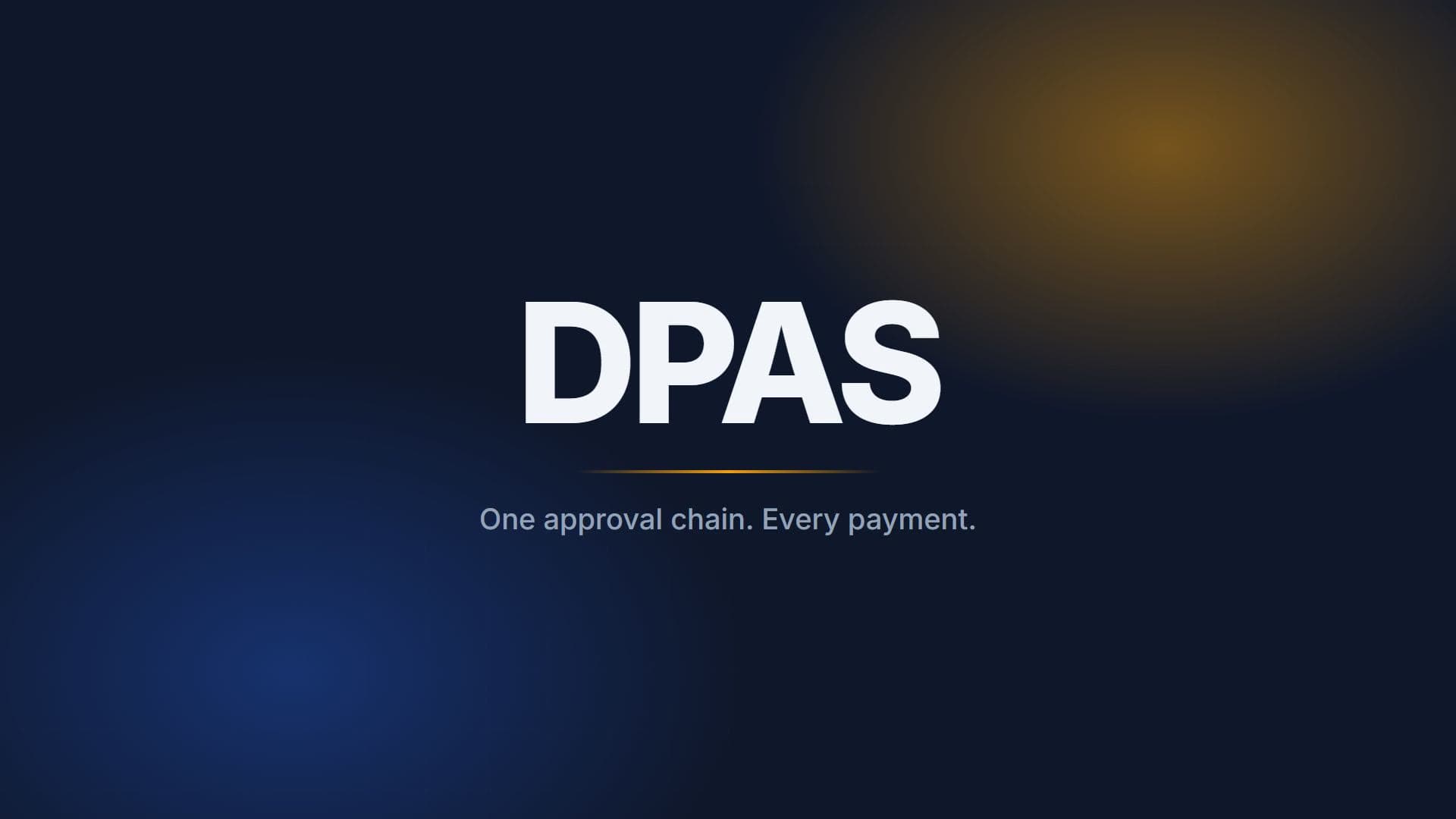 DPAS demo video poster: the DPAS wordmark with the tagline “one approval chain, every payment”.